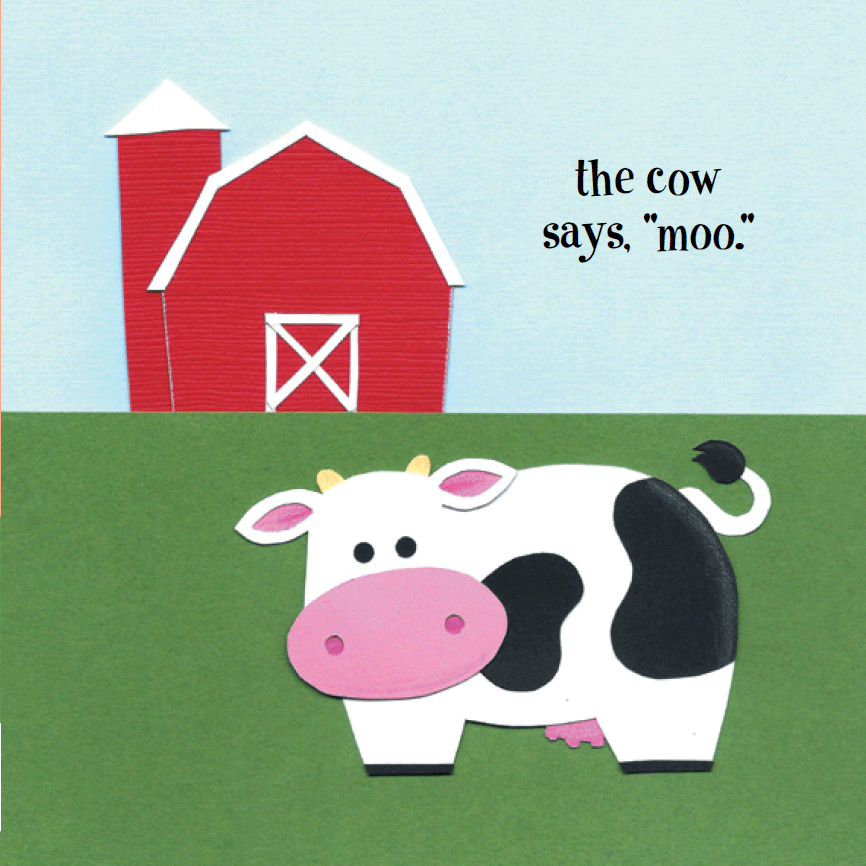 An illustration of a cow near a barn