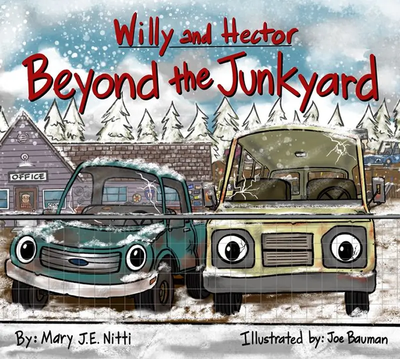 Two cartoon cars in snowy junkyard